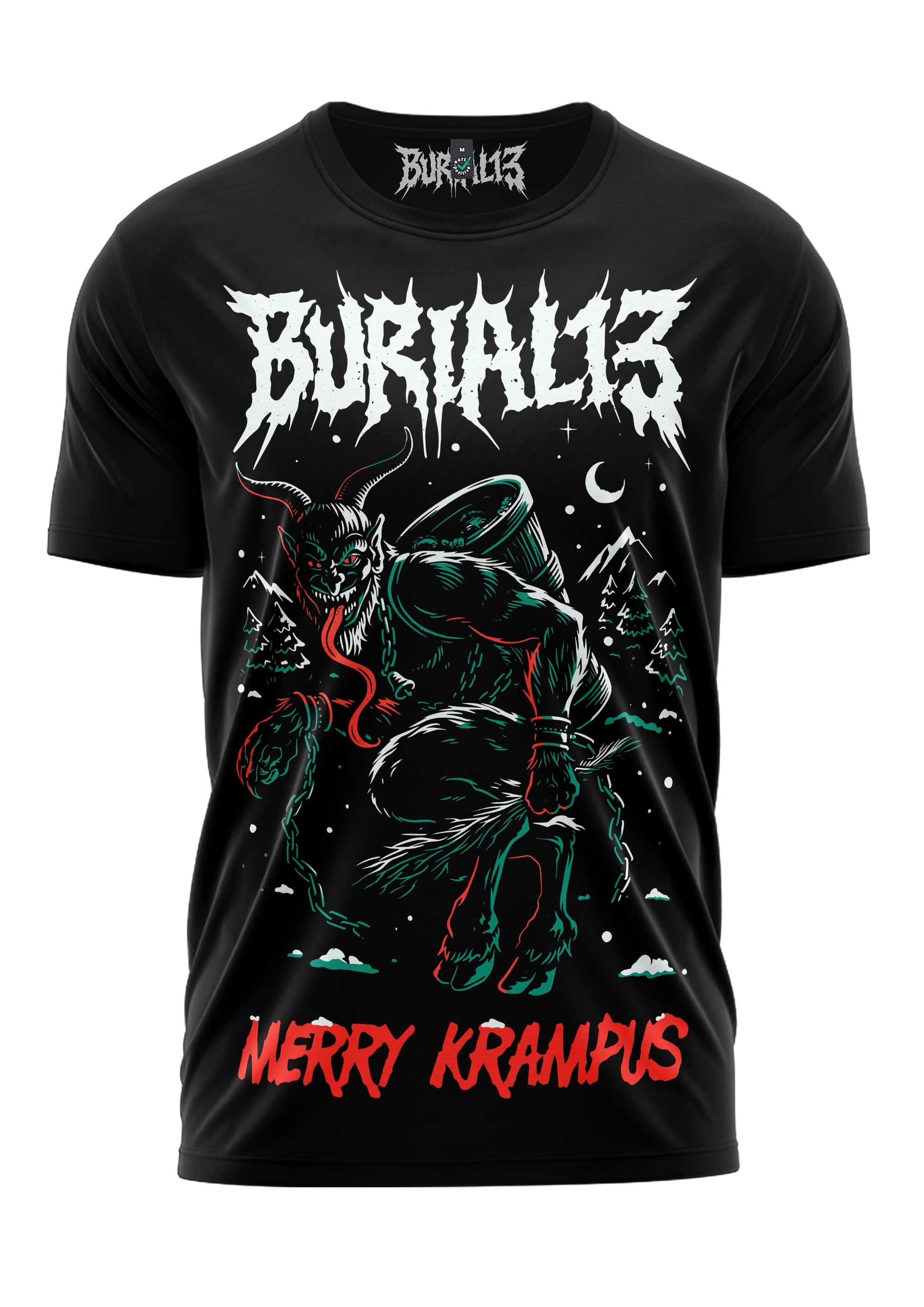 Schwarzes kurzärmliges T-Shirt mit detailliertem Grafikmotiv von Krampus in Grün und Rot, mit dem Text ’burial13’ oben und ’merry krampus’ unten.